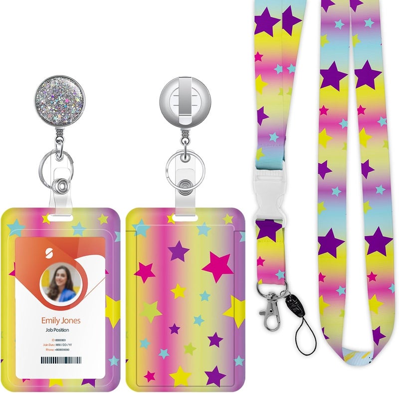 Boutilon ID Badge Holder with Lanyard,Retractable ID Badge Card Holders Detachable Neck Lanyard Strap with Badge Reel and Vertical ID Holder for Nurse Students Teachers Office Staff(Colorful Stars) - Image 1